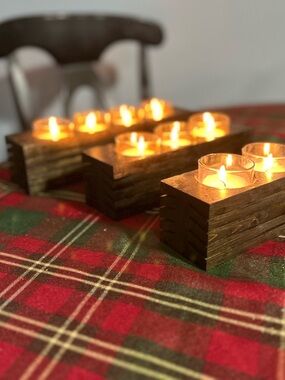 Hand Crafted Rustic Wooden Tealight Candle Holder Set - Brown